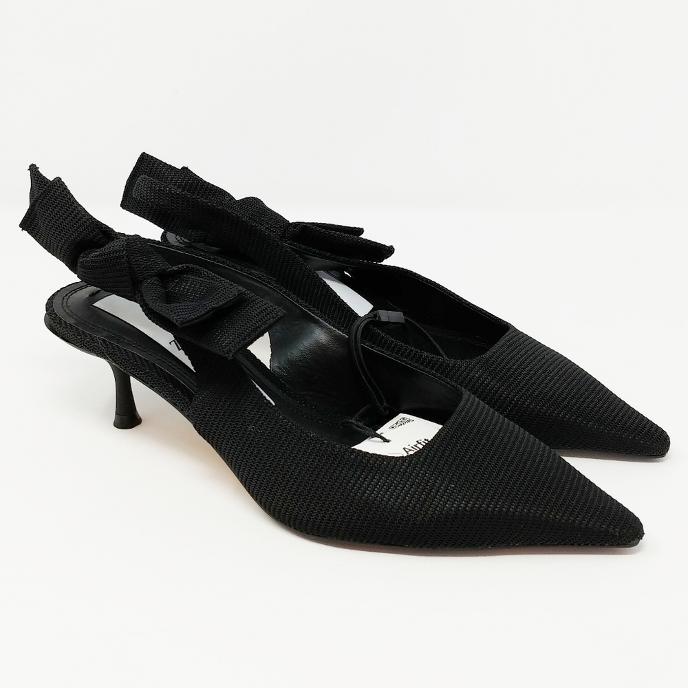NEW ZARA Black Bow Detail Mid Heel Slingback Shoes
